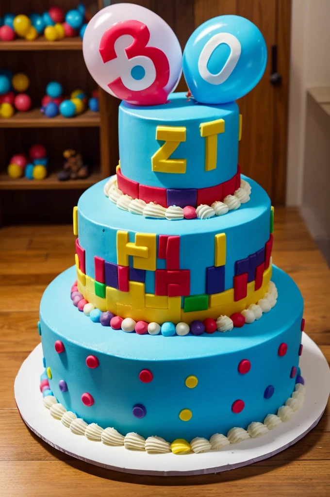 Pixelart generates an image of samche cake, with balloons and piñatas for age 1 year, predominant color blue.