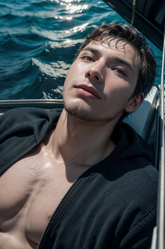 man in the middle of the sea inside a boat looking up 