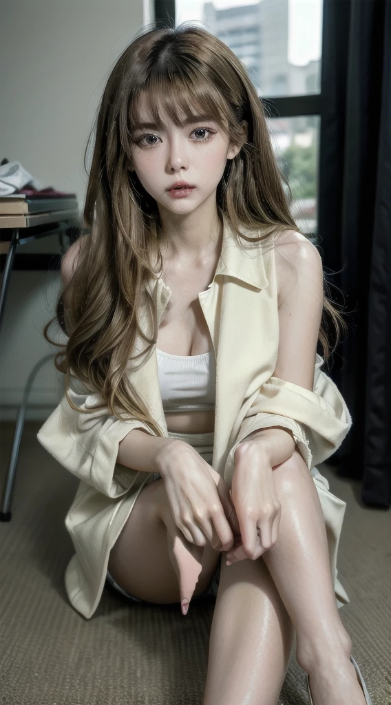 (Best quality, 8K, masutepiece, Ultra HD: 1.3), 1girl in, Big Mimi ,Light brown hair, Blunt bangs, hair behind ear, hair over shoulders, Long hair, Slender body type, ultradetail face, Delicate lips, Beautiful eyes, Double eyelids, lipsticks, thin blush ,Black eyes ,perfect glossy shiny skins,Flawless skin White skin of the ,Sparkling sweat,Catch your eye, chest,Ultra-thin pointer, Ultra-thin fingers, Shirt with collar, Tight skirts , beautifullegs ,Low heels. outside of house、Halfway through the appointment