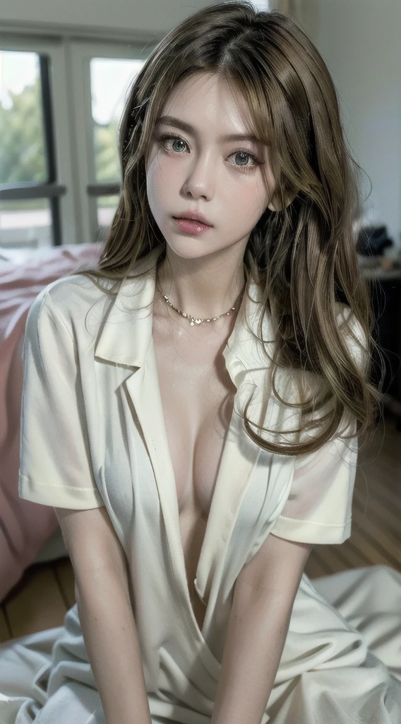 (Best quality, 8K, masutepiece, Ultra HD: 1.3), 1girl in, Big Mimi ,Light brown hair, Blunt bangs, hair behind ear, hair over shoulders, Long hair, Slender body type, ultradetail face, Delicate lips, Beautiful eyes, Double eyelids, lipsticks, thin blush ,Black eyes ,perfect glossy shiny skins,Flawless skin White skin of the ,Sparkling sweat,Catch your eye, chest,Ultra-thin pointer, Ultra-thin fingers, Shirt with collar, Tight skirts , beautifullegs ,Low heels. outside of house、Halfway through the appointment