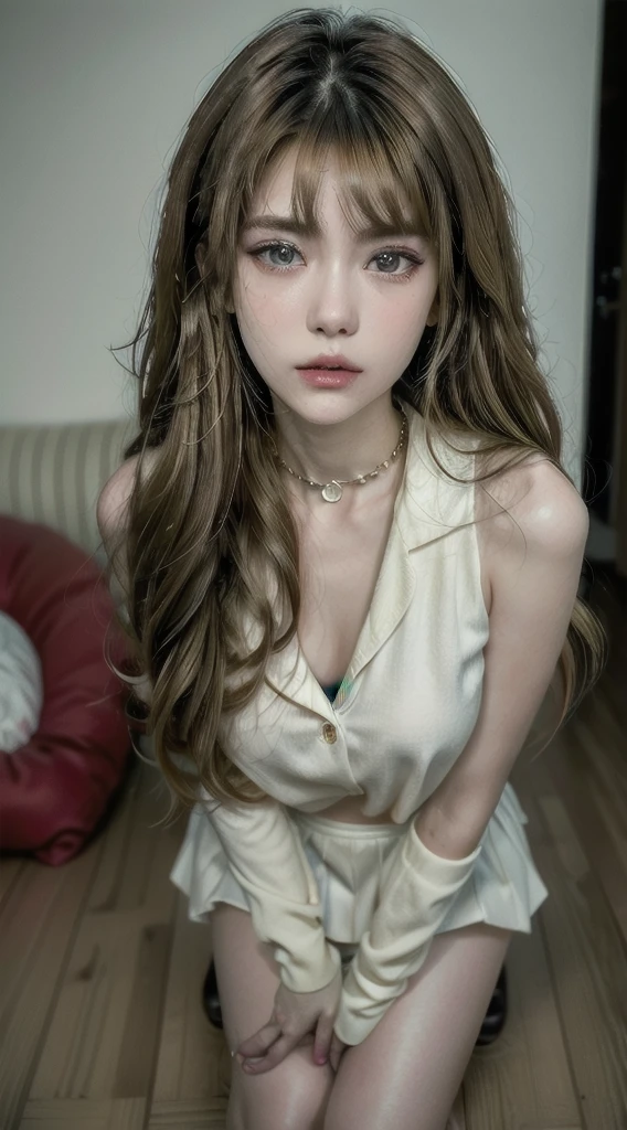 (Best quality, 8K, masutepiece, Ultra HD: 1.3), 1girl in, Big Mimi ,Light brown hair, Blunt bangs, hair behind ear, hair over shoulders, Long hair,  Slender body type, ultradetail face, Delicate lips, Beautiful eyes, Double eyelids, lipsticks, thin blush ,Black eyes ,perfect glossy shiny skins,Flawless skin　White skin of the ,Sparkling sweat,Catch your eye, chest,Ultra-thin pointer, Ultra-thin fingers, Shirt with collar, Tight skirts , beautifullegs ,Low heels. outside of house、Halfway through the appointment