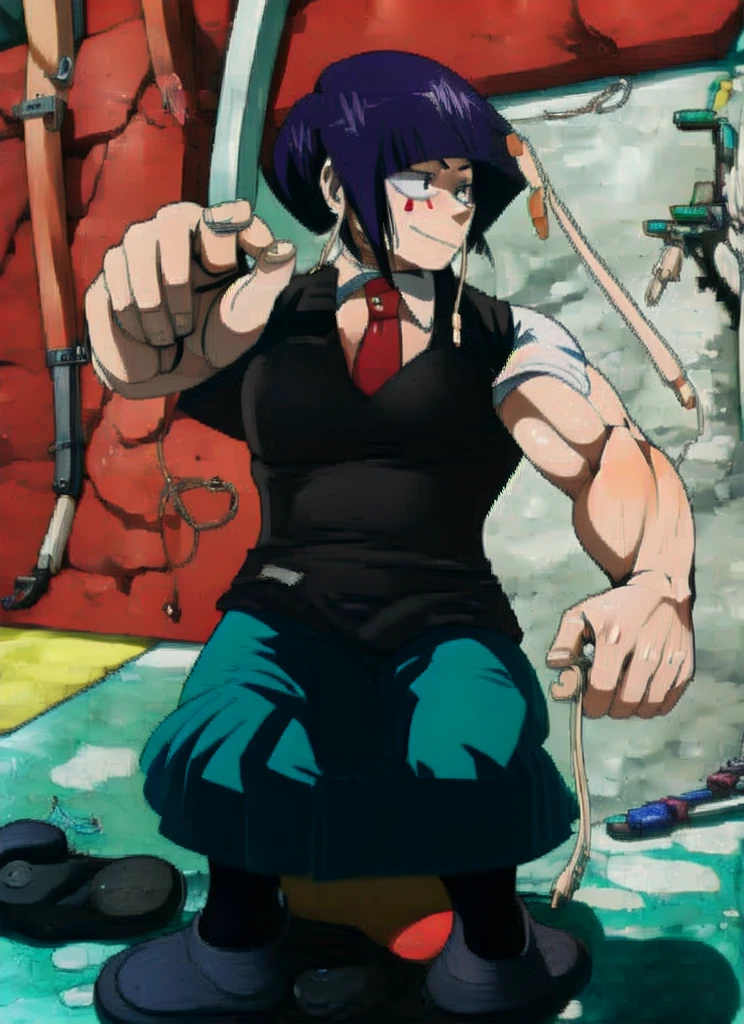 ((best quality)), ((muito detalhado)), ​masterpiece, most absurd, (detailled eyes, deep eyes), (1 girl), Full body, Very wide shot, jirou2, purple hair, shorth hair, bangs, black eyes, long earlobes, small breasts, smiling, , (grey vest, short sleeves), White collar shirt, red necktie, green skirt, pleated skirt, black socks, Braune Slipper, (indoor, in a car repair shop, motorcycle), ((Bodybuilder)), ((((extremely muscular)))), young woman, Muscular, legs , Muscular Arme, Muscularr Oberkörper, Muscular Bauchmuskeln