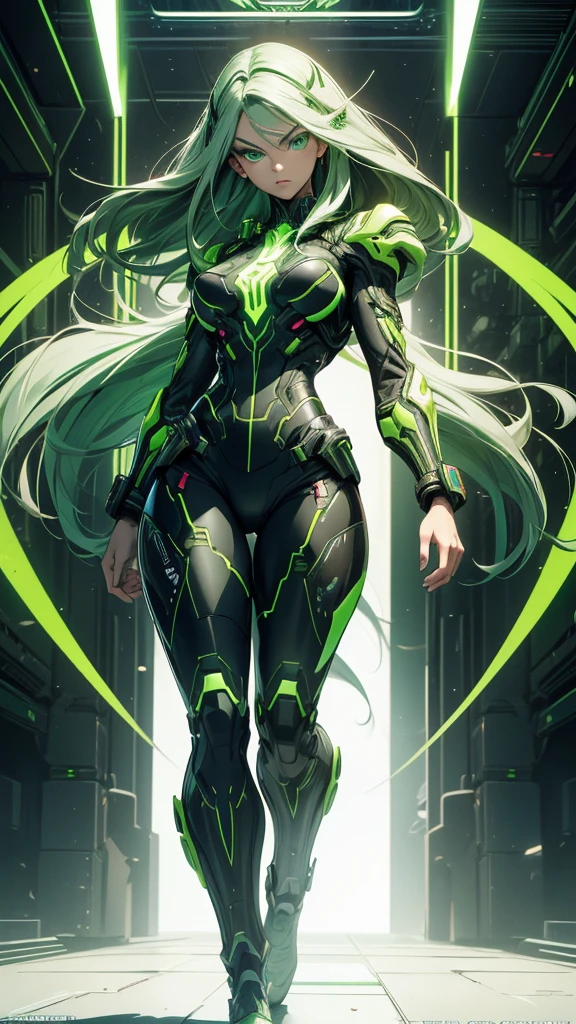 masterpiece, highest quality, (solo focus), (perfect face:1.1), (full body), (high detail:1.1), (hyper detailed eyes), dramatic, a woman with paleskin and long dark green hair, green eyes, solo, arrogant expression, neon cybernetic outfit, white background, art by artgerm, cinematic lighting, fashion, BalenciagaStyle