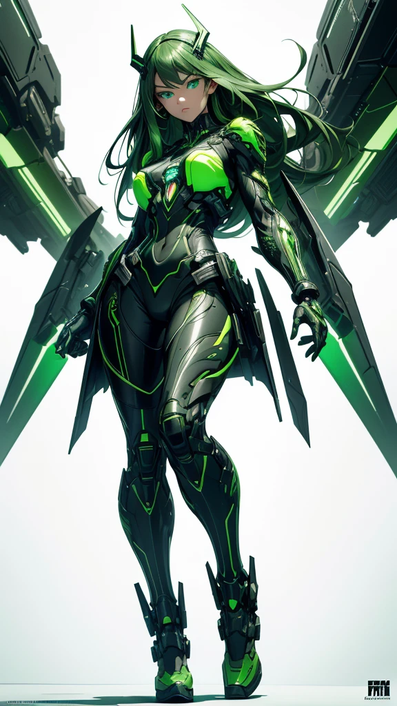 masterpiece, highest quality, (solo focus), (perfect face:1.1), (full body), (high detail:1.1), (hyper detailed eyes), dramatic, a woman with paleskin and long dark green hair, green eyes, solo, arrogant expression, neon cybernetic outfit, white background, art by artgerm, cinematic lighting, fashion, BalenciagaStyle