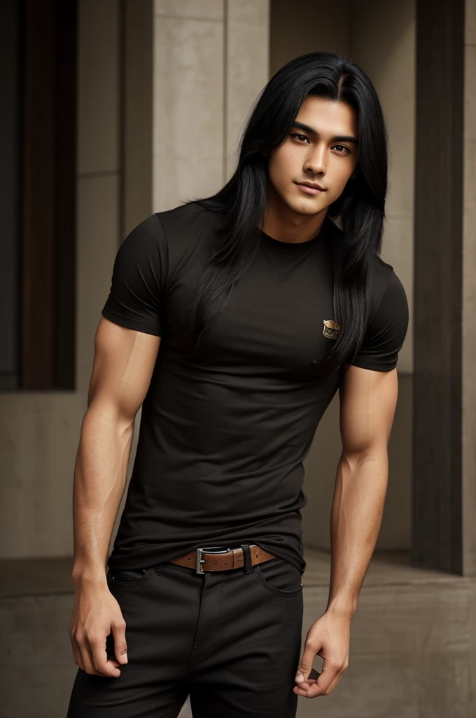 Believe me, a 20-year-old man, long black hair that is somewhat fluffy, brown but deep eyes, somewhat dark skin, clothing, a tight black T-shirt that has no sleeves, good physique, pants similar to that of a military man, boots Brown color that reaches their knees, Tall and handsome.