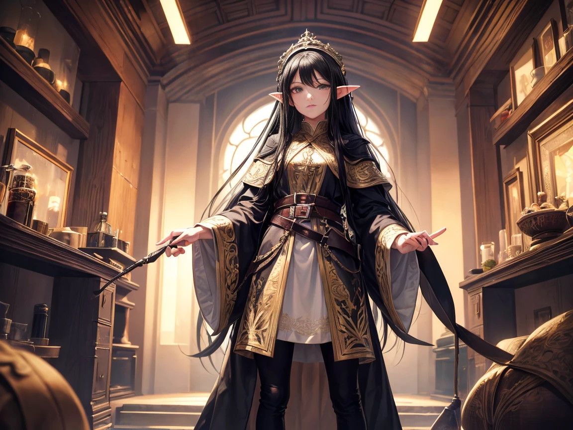 masterpiece, Highest quality, 8K, High resolution, (Head to Toe:1.4),8Old Elf Girl、Medium-long black hair、Grey Eyes、Wearing only a man's black T-shirt、No bottoms worn、Lying in a dark bedroom、Provocative facial expression