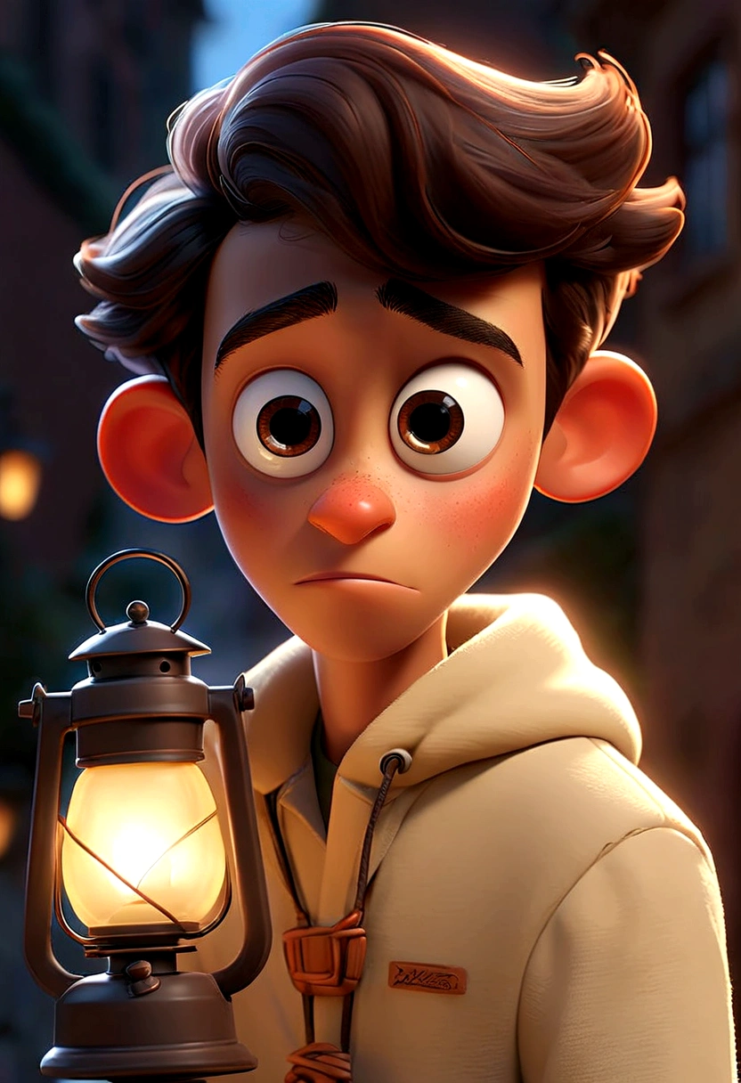  "A Pixar-style teenager character named Esperançoso, with a warm smile, wearing light-colored clothes, and holding a lit lantern. He is always looking at the horizon with optimism."
