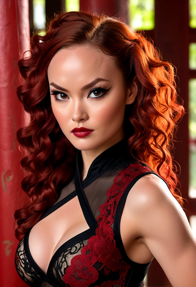 Tori Black asian ninja warrior, ringlets wavy five feet long red hair, dark red glossy lips, heavy black eye shadow long black eyeliner, black lace beautiful and creative sleeveless ninja warrior bodysuit, forehead lace ornament, posing in a Shaolin temple interior, happy expression dark ambience. No faces on her chest!