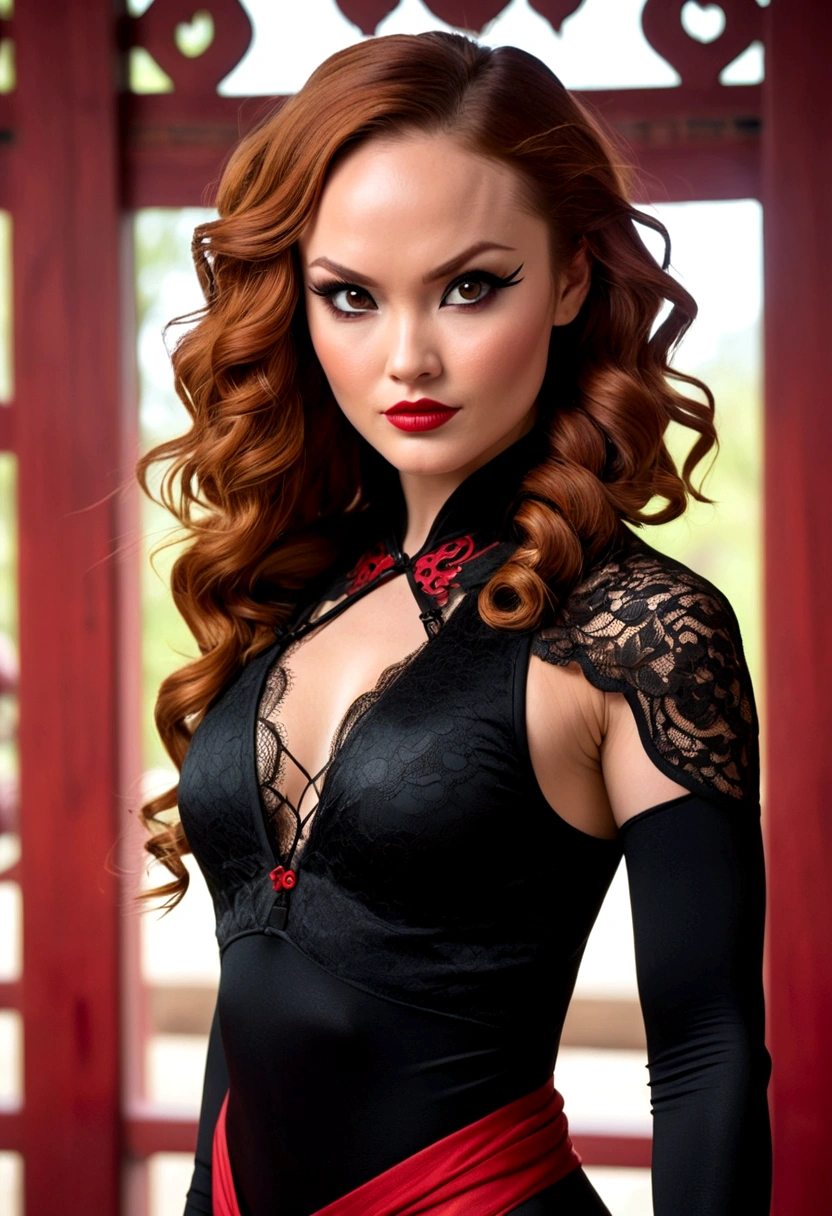 Tori Black asian ninja warrior, ringlets wavy five feet long red hair, dark red glossy lips, heavy black eye shadow long black eyeliner, black lace beautiful and creative sleeveless ninja warrior bodysuit, forehead lace ornament, posing in a Shaolin temple interior, happy expression dark ambience. No faces on her chest!
