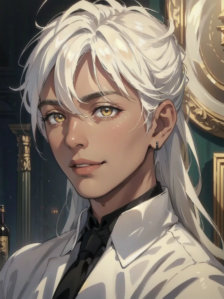 a very dark-skinned person, golden eyes, long white hair, white shirt, smiling, portrait, dark background, (((person))), elongated face, business suit, best quality, 4k, 8k, highres, masterpiece:1.2, ultra-detailed, realistic, photorealistic, photo-realistic:1.37, studio lighting, ultra-fine painting, sharp focus, physically-based rendering, extreme detail description, professional, vivid colors, portraits