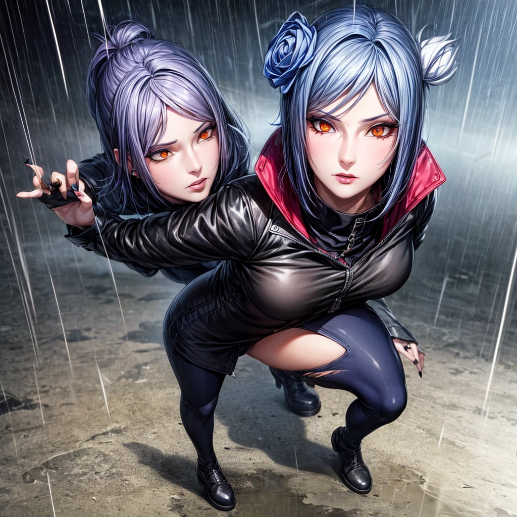 (Ultra-detailed illustration, masterpiece, best quality, absurdres), konan, short hair, hair ornament, blue hair, flower, hair flower, (orange eyes:1.2), (labret piercing:1.2), eyeshadow, mascara, jeans, leather jacket, platform boots, layered necklaces, bold patterns, dramatic makeup, black nail polish, oversized rings,full body shot, close-up, wiew from above, glossy lips, raining, dark clouds, cinematic lighting, volumetric lighting, vibrant colors, ray tracing, intricate details,