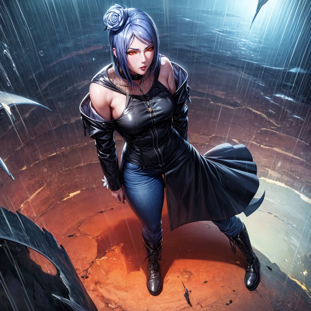 (Ultra-detailed illustration, masterpiece, best quality, absurdres), konan, short hair, hair ornament, blue hair, flower, hair flower, (orange eyes:1.2), (labret piercing:1.2), eyeshadow, mascara, jeans, leather jacket, platform boots, layered necklaces, bold patterns, dramatic makeup, black nail polish, oversized rings,full body shot, close-up, wiew from above, glossy lips, raining, dark clouds, cinematic lighting, volumetric lighting, vibrant colors, ray tracing, intricate details,