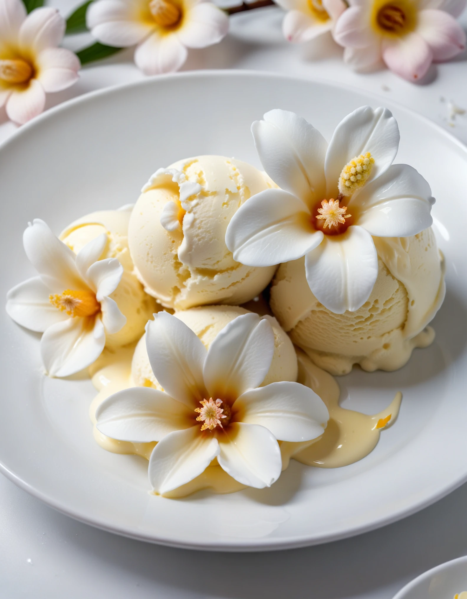 (vanilla flowers and vanilla ice cream on a white plate), closeup, macroscopic photo, hyperdetalization, hyperrealism, beautiful foreshortening, cinematic, glow, reflexes, illuminated ((dominant three colors))