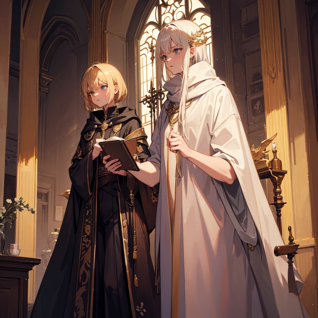 Elfa himself, adult, blonde, short-hair, serious face, beige cloak with leather details, holding a spell book, holding a staff, delicate character; Fantasy Style, Poster Composition;