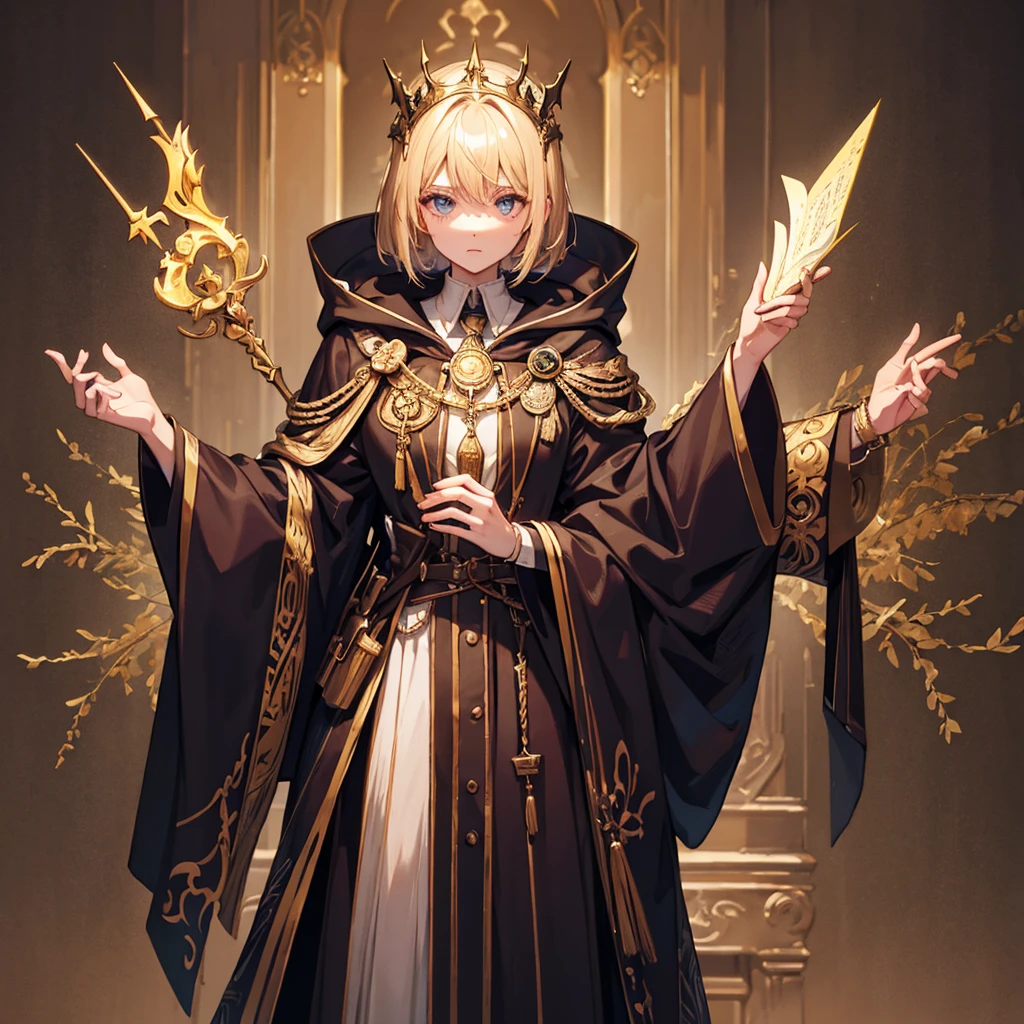 Elfa himself, adult, blonde, short-hair, serious face, beige cloak with leather details, holding a spell book, holding a staff, delicate character; Fantasy Style, Poster Composition;