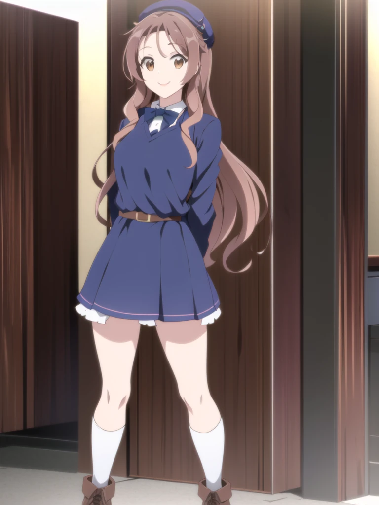 ((Best quality))), ((Ultra-detailed)), ((illustration)), ((Disheveled hair)), ((frilld)), (1 girl), (Solo),1girl, hat, looking_at_viewer, solo, rating:safe, arms_behind_back, black_bow, black_bowtie, black_neckwear, boots, bow, bowtie, brown_footwear, clothing, contrapposto, cross-laced_footwear, dress, female, footwear, fur_hat, hat_ornament, headwear, knee_boots, layered_dress, long_hair, makaria, school_uniform, smile, standing, uniform, white_hat, white_headwear brown hair,brown_eyes,