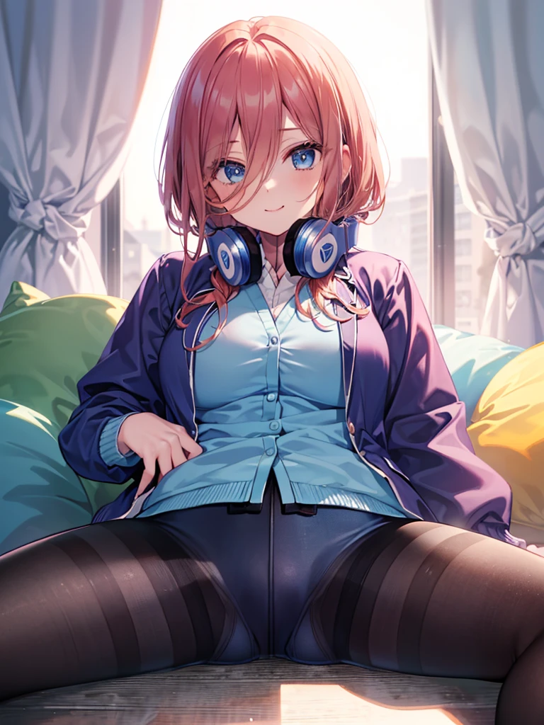 (8K, Highest quality, Highest quality, masterpiece), sit on the floor, (denim hot shorts), (mini shorts), big breasts, ((spread legs 1:2)), nm1, headphones around neck, long sleeves, blue cardigan, (pantyhose 1:2), (fullbody), smile, school uniform, open jacket