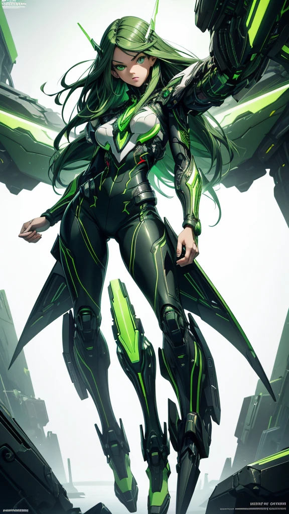 masterpiece, highest quality, (solo focus), (perfect face:1.1), (full body), (high detail:1.1), (hyper detailed eyes), dramatic, a woman with paleskin and long dark green hair, green eyes, solo, arrogant expression, neon cybernetic outfit, white background, art by artgerm, cinematic lighting, fashion, BalenciagaStyle