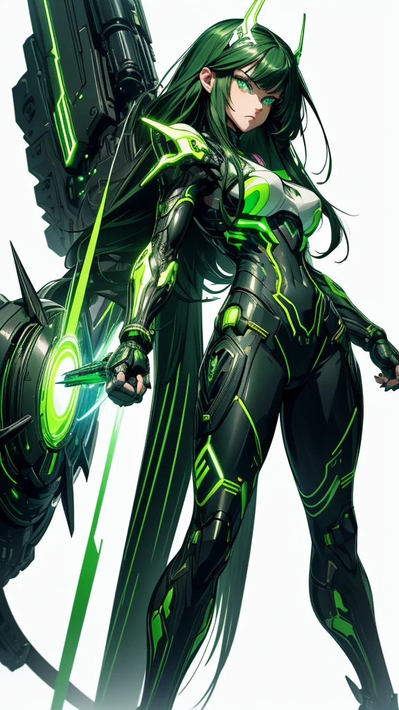 masterpiece, highest quality, (solo focus), (perfect face:1.1), (full body), (high detail:1.1), (hyper detailed eyes), dramatic, a woman with paleskin and long dark green hair, green eyes, solo, arrogant expression, neon cybernetic outfit, white background, art by artgerm, cinematic lighting, fashion, BalenciagaStyle