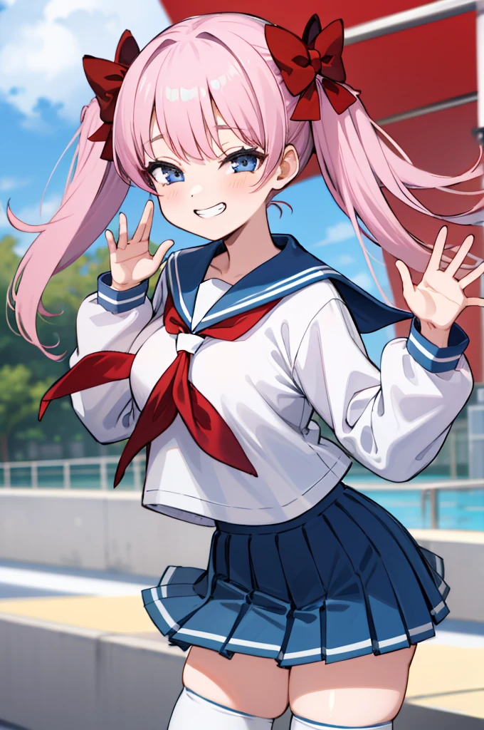 masterpiece, best quality, highres, 1girl, aanodoka, twintails, hair bow, large breasts, , serafuku, blue sailor collar, red neckerchief, white shirt, long sleeves, blue skirt, pleated skirt, white thighhighs, cowboy shot, standing, outdoors, smile, waving,,,,looking viewer,,spoken heart,6yo,(petite),,thigh,grin,