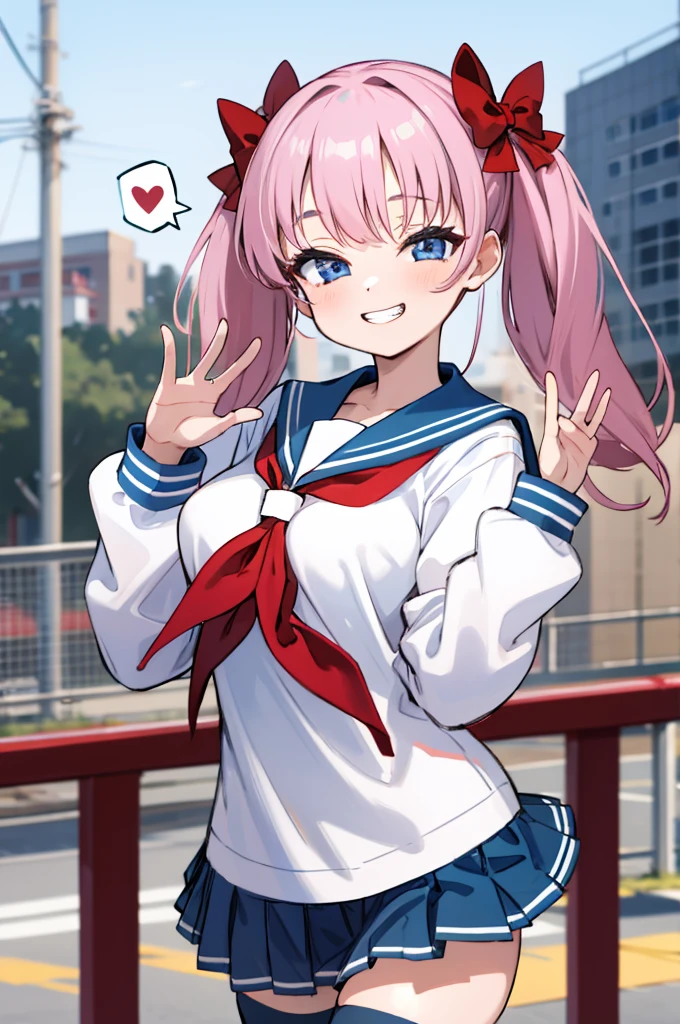 masterpiece, best quality, highres, 1girl, aanodoka, twintails, hair bow, large breasts, , serafuku, blue sailor collar, red neckerchief, white shirt, long sleeves, blue skirt, pleated skirt, white thighhighs, cowboy shot, standing, outdoors, smile, waving,,,,looking viewer,,spoken heart,***,(petite),,thigh,grin,