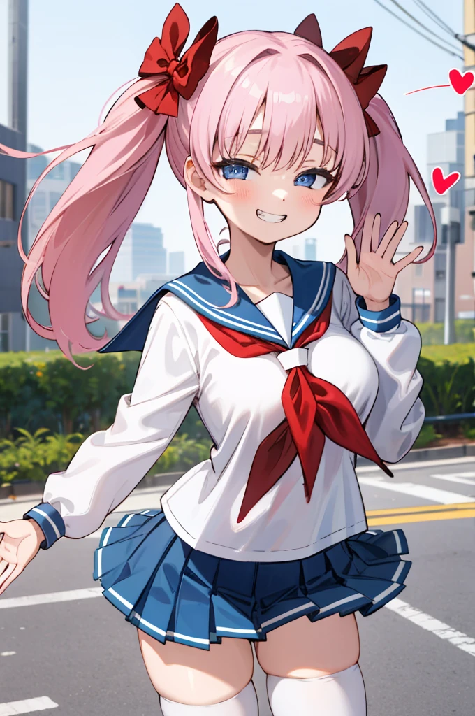 masterpiece, best quality, highres, 1girl, aanodoka, twintails, hair bow, large breasts, , serafuku, blue sailor collar, red neckerchief, white shirt, long sleeves, blue skirt, pleated skirt, white thighhighs, cowboy shot, standing, outdoors, smile, waving,,,,looking viewer,,spoken heart,6,(pee),,thigh,grin,