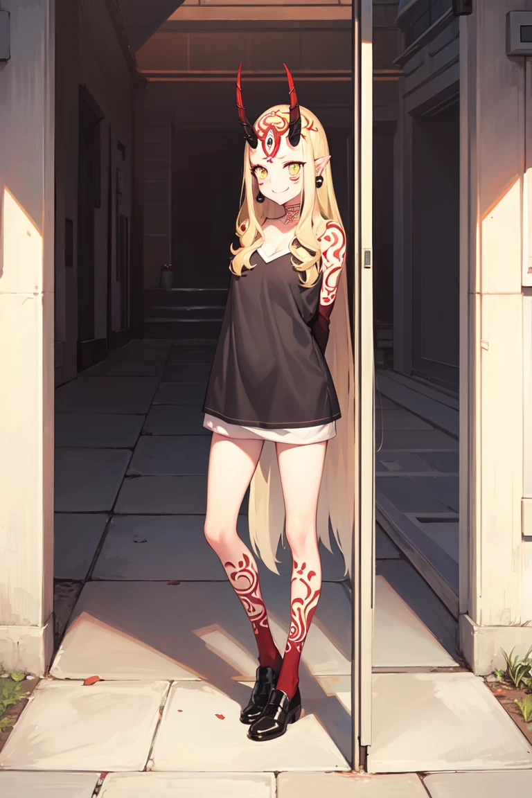 1 girl, standing alone, (ibaraki_Douji), blackquality hair, ashen skin, big black clothes ((arms behind the back)), slickedback hair, jewerly, aretes, great smile, presumptuous, trunk, standing, work of art, best qualityer, 8K, comely