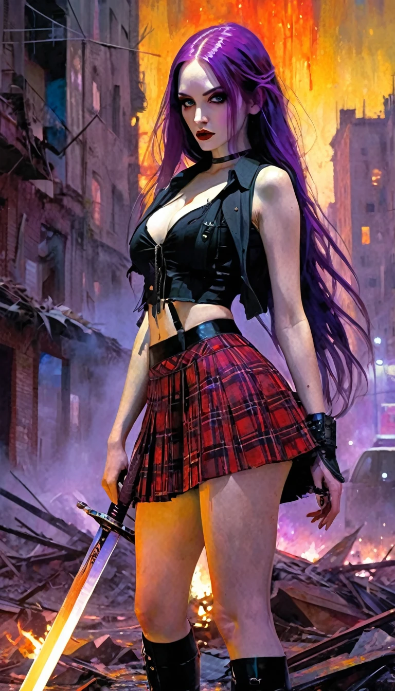 (masterpiece, best quality, ultra detailed, absurdres)1.5, 1girl, (sexy, beautiful women, perfect face, perfect eyes, perfect female body, huge breast)1.5, (purple hairl, long hair, brown pantiehose, pleated skirt, jacket, gakuran, kimono style, shirt tucked in, red skirt, black crop top,), (standing in the Park)