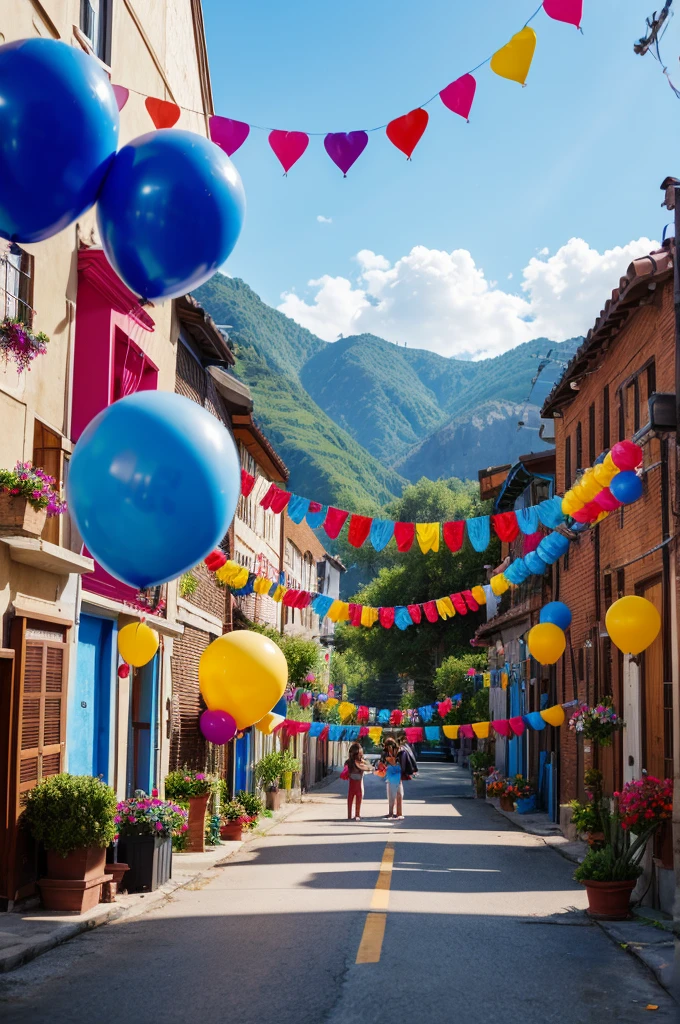 Pixelart generates an image of an anniversary scene, with balloons and piñatas for age 1 year, predominant color blue, horizontal position.