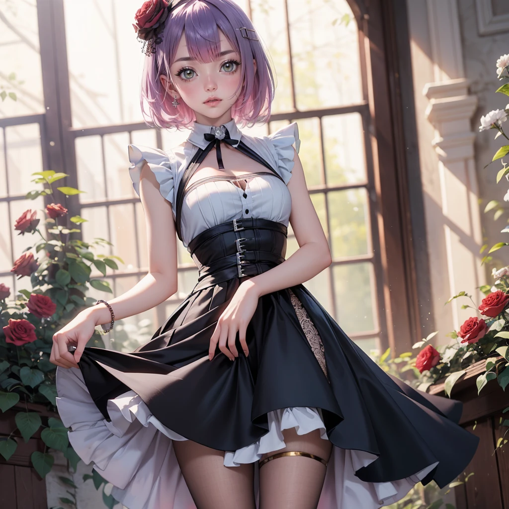 1girl, short hair, short flowing hair, floating hair, ornament hair, perfectly body, perfectly hands, rose on hair, purple rose on hair, 1 girl, Looking at the audience, flowing hair, Beautiful Eyes, Plump and glossy lips, maid, maid dress, maid apron, white apron maid headdresss, white headdress, dress with too many frills, black dress, white laces, night, black Short skirt, , small skirt, skirt with layers, Drape clothes, purple gem, Lace trim, garden, luxury gold details, gold jewelry, more details, best quality, Big sparkling eyes, blushing, Striped Lace Stockings, black Lolita skirt, sparkle, solo, centered girl, cowboy shot, perfectly body, perfectly hands, two arms, two legs, two hands, five fingers, perfect anatomy, glowing hair, purple roses, on the garden, sparkles, more details on her clothes, dress with transparency, golden details on her dress, night, lanterns, ((4k, masterpiece, top-quality)), 8k, best quality, high resolution, UHD, (illustration:0.8), super cute girl, delicate and beautiful face, mature girl, super cute hairstyle, (beautiful detailed eyes:1.6), extremely detailed face, perfect lighting, extremely detailed CG, (perfect hands, perfect anatomy), Best quality, cleavage