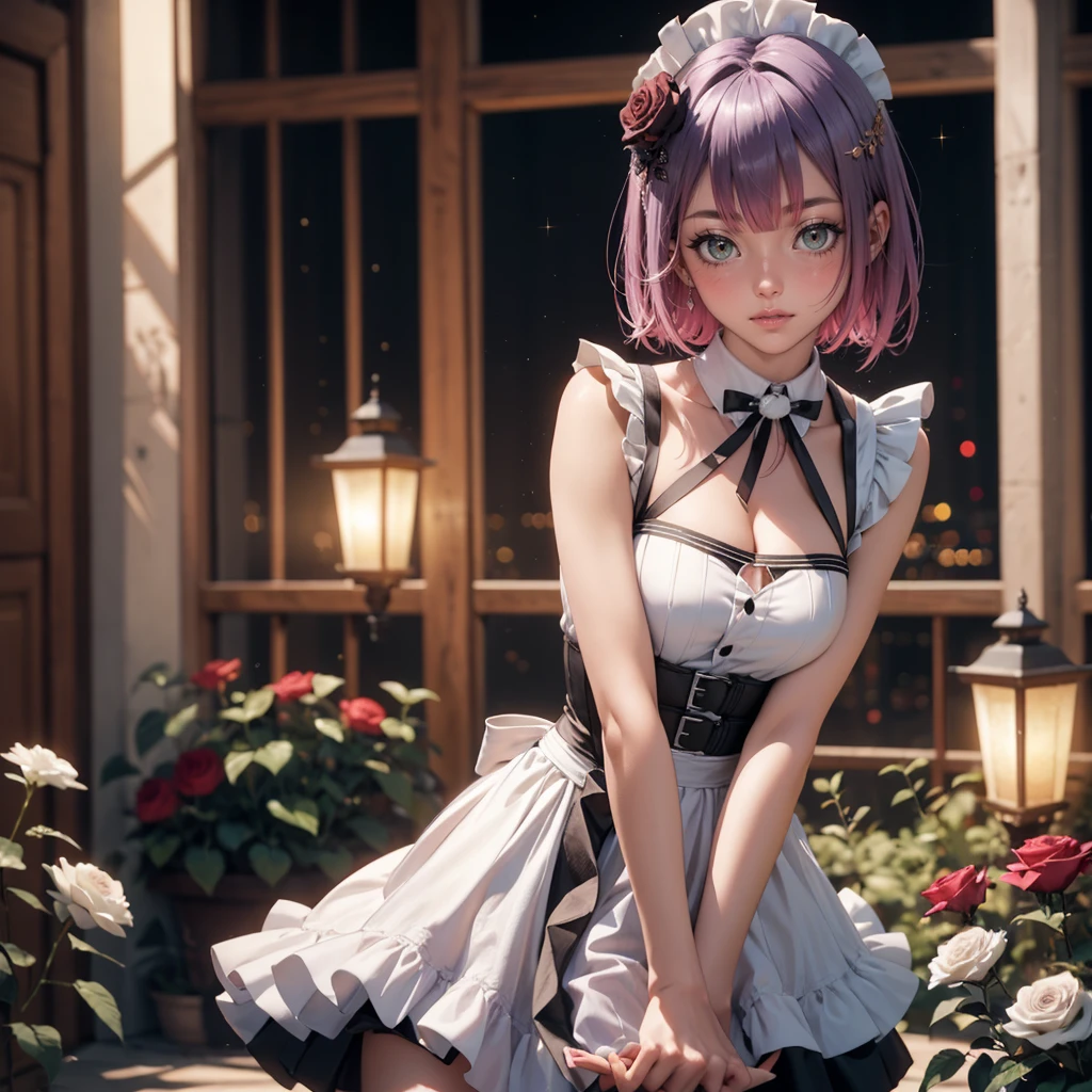 1girl, short hair, short flowing hair, floating hair, ornament hair, perfectly body, perfectly hands, rose on hair, purple rose on hair, 1 girl, Looking at the audience, flowing hair, Beautiful Eyes, Plump and glossy lips, maid, maid dress, maid apron, white apron maid headdresss, white headdress, dress with too many frills, black dress, white laces, night, black Short skirt, , small skirt, skirt with layers, Drape clothes, purple gem, Lace trim, garden, luxury gold details, gold jewelry, more details, best quality, Big sparkling eyes, blushing, Striped Lace Stockings, black Lolita skirt, sparkle, solo, centered girl, cowboy shot, perfectly body, perfectly hands, two arms, two legs, two hands, five fingers, perfect anatomy, glowing hair, purple roses, on the garden, sparkles, more details on her clothes, dress with transparency, golden details on her dress, night, lanterns, ((4k, masterpiece, top-quality)), 8k, best quality, high resolution, UHD, (illustration:0.8), super cute girl, delicate and beautiful face, mature girl, super cute hairstyle, (beautiful detailed eyes:1.6), extremely detailed face, perfect lighting, extremely detailed CG, (perfect hands, perfect anatomy), Best quality, cleavage