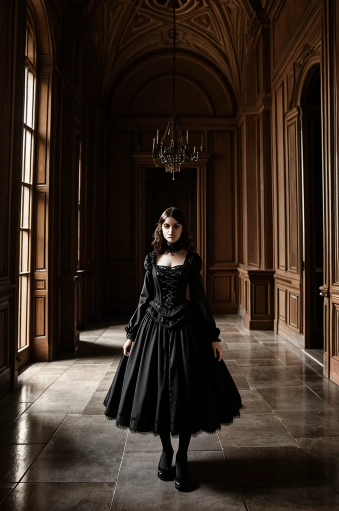 A gothic dress that an invisible girl is wearing in a mansion