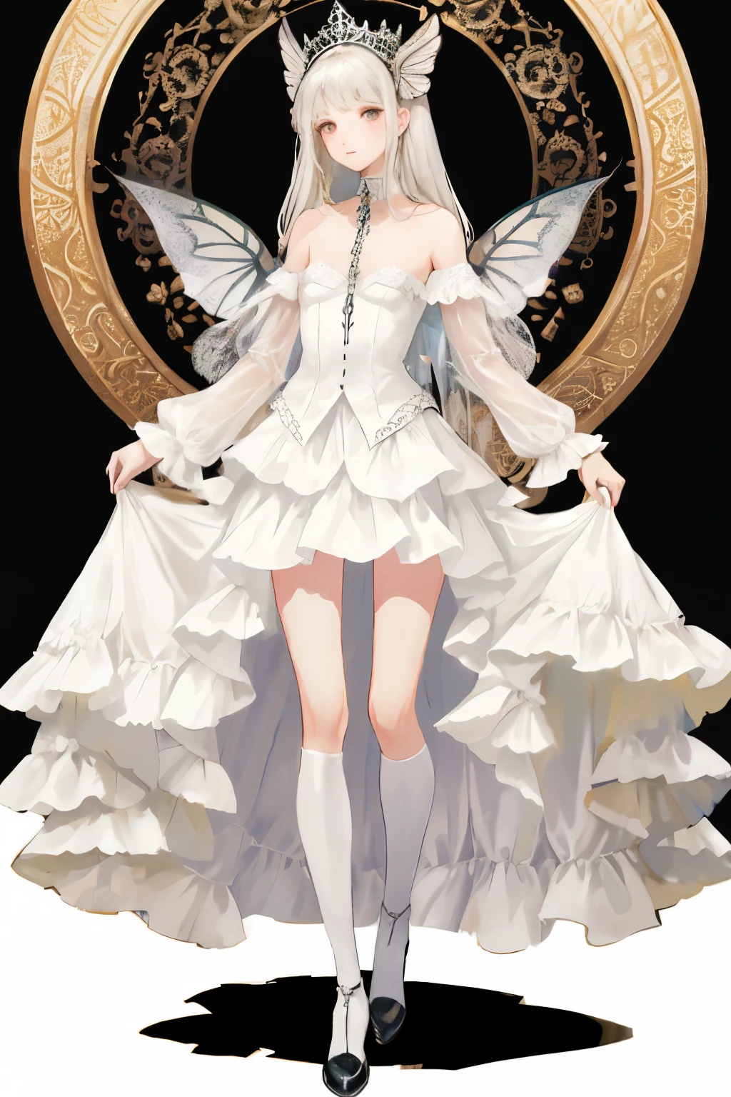 ((best quality)), ((masterpiece)), (detailed), a heavenly female knight, imposing, biblical, NSFW, long white grey hair, grey white eyes, very skinny, detailed, best quality, prominent collarbones, skinny arms, flat stomach, visible hip bones, small breasts, full body, red and white clothing, occult aesthetic, occult, detailed and intricate steampunk and detailed gothic, NSFW, Fluttering lace flared long knee length dress with frilly petticoats, knee length dress, pleated petticoats, petticoats gothic, complex lace boots, gothic aesthetic, wielding a mighty sword with mechanical components, mandalas, small breasts, a fairy, various different types of insect wings, bug wings, beetle wings, NSFW, full body, whole body, body, chains,