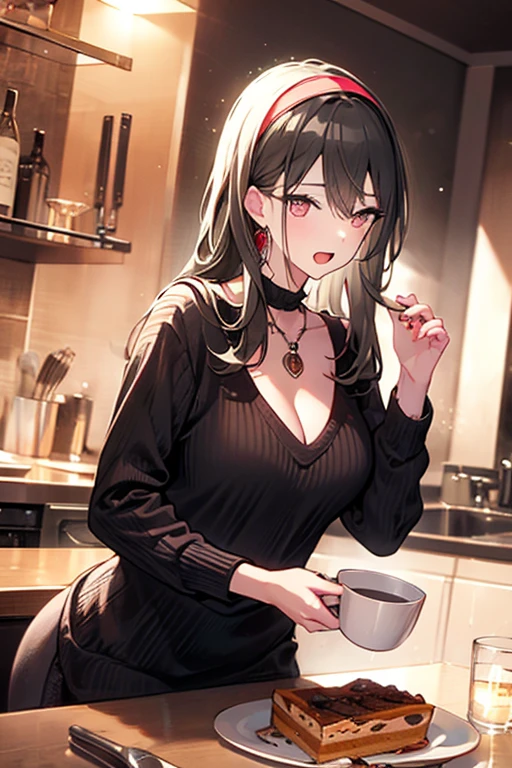 masterpiece, yor, 1girl, Amazing Cleavage:1.3, thin waist, big ass, Raised sexy, medium breast: 1.8 posed cleavage:1.2、solo, looking at viewer, open mouth, have a cup of coffee,black hair, red eyes, dress, bare shoulders, jewelry, collarbone, sidelocks, hairband, earrings, indoors, off shoulder, :o, sweater, arms behind back, plant, short hair with long locks, white hairband, off-shoulder dress, sweater dress, off-shoulder sweater, red sweater, big side hair, very long side hair,is rendered in (masterpiece: 1.2, best quality), with (ultra high resolution) and an exquisite (depth of field). This masterpiece is not only visually stunning but also tells, make of cake cooking ,in the kitchen