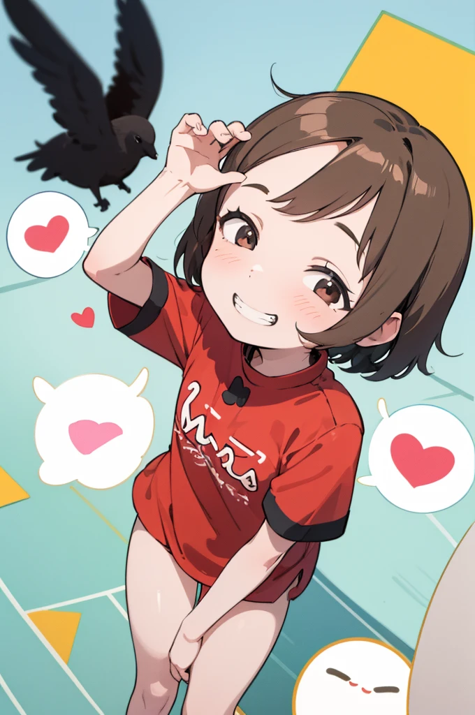 1girl in(((Laughing)))、exaggerated pose、Reaching the climax:1.3, short-cut、masutepiece、Bottoms are randomly generated、( Tomato Illustration Printed Shirt )、dark brown hair、GI Cut、Background bokeh:1.5
