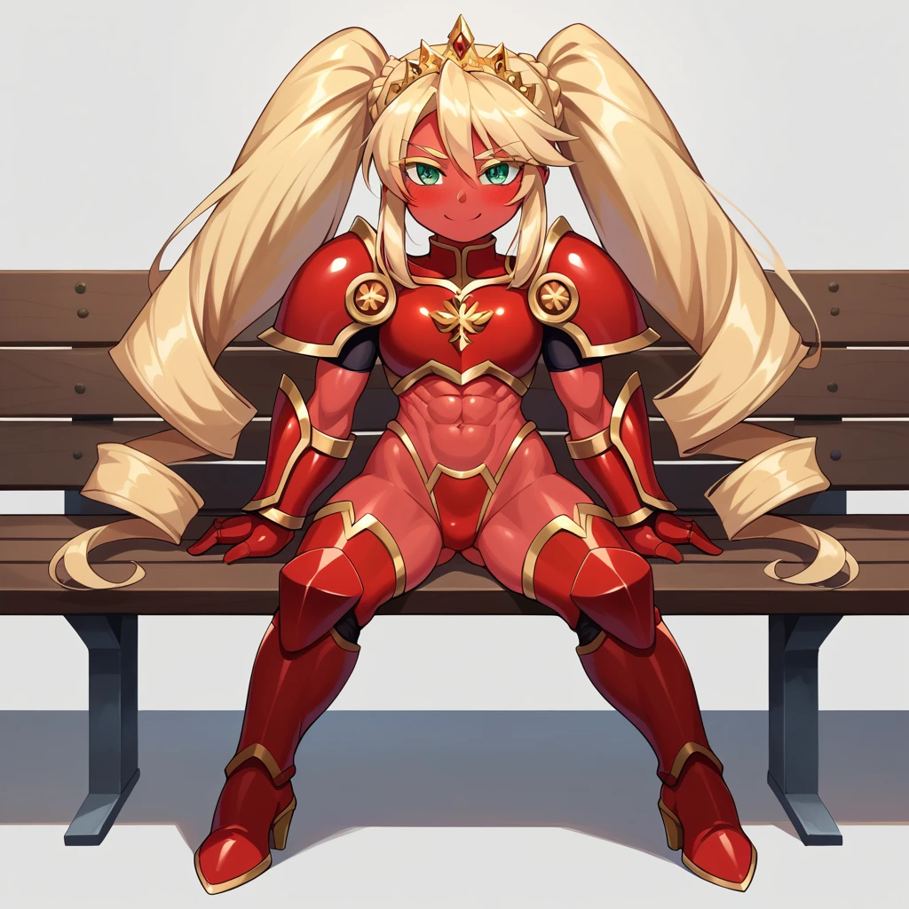 Lancer Artoria body (Alexis Texas Face), elegant adult female, blonde, green eyes (yellow eyelashes) crown, turtleneck, full body sitting on a bench, showing ass to me, RED breastplate, RED skin (1SologirlRED skin:1.2), looking at viewer, shiny, armor, thigh highs, high boots, pauldrons shoulder armor, faulds, poleyn, RED gloves gauntlets, rerebrace, RED military armored boots, yordle muscular lean platinum blonde long twin tails hairstyle at the bedroom lustful smirking smile face red blushed, blush, strong abs, female body builder, tiara, twin drills hair, (masterpiece, best quality, ultra detailed, best shadow)