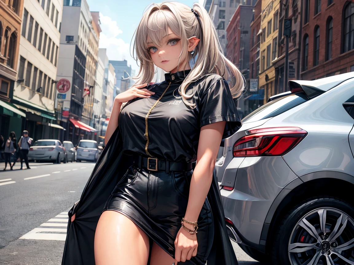 She was wearing only a black men's T-shirt and no bottoms.、8Old Elf Girl、Medium-long black hair、Grey Eyes、Lying in a dark bedroom、Provocative facial expression