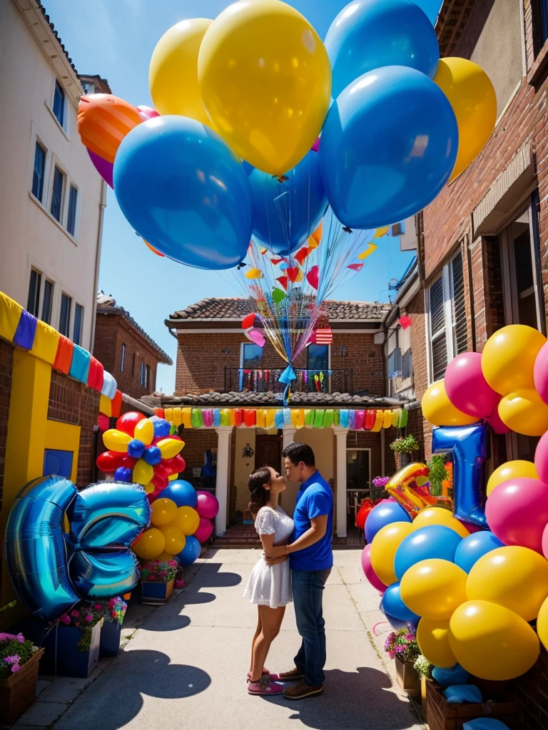 Pixelart generates an image of an anniversary scene, with balloons and piñatas for age 1 year, predominant color blue, horizontal position.