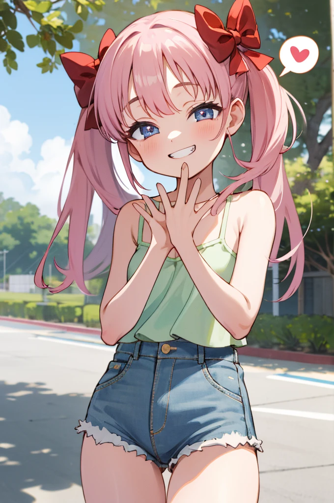 masterpiece, best quality, highres, 1girl, aanodoka, twintails, hair bow, camisole,denim shorts, outdoors, smile, waving,,,,looking viewer,,spoken heart,***,(petite),,thigh,grin,