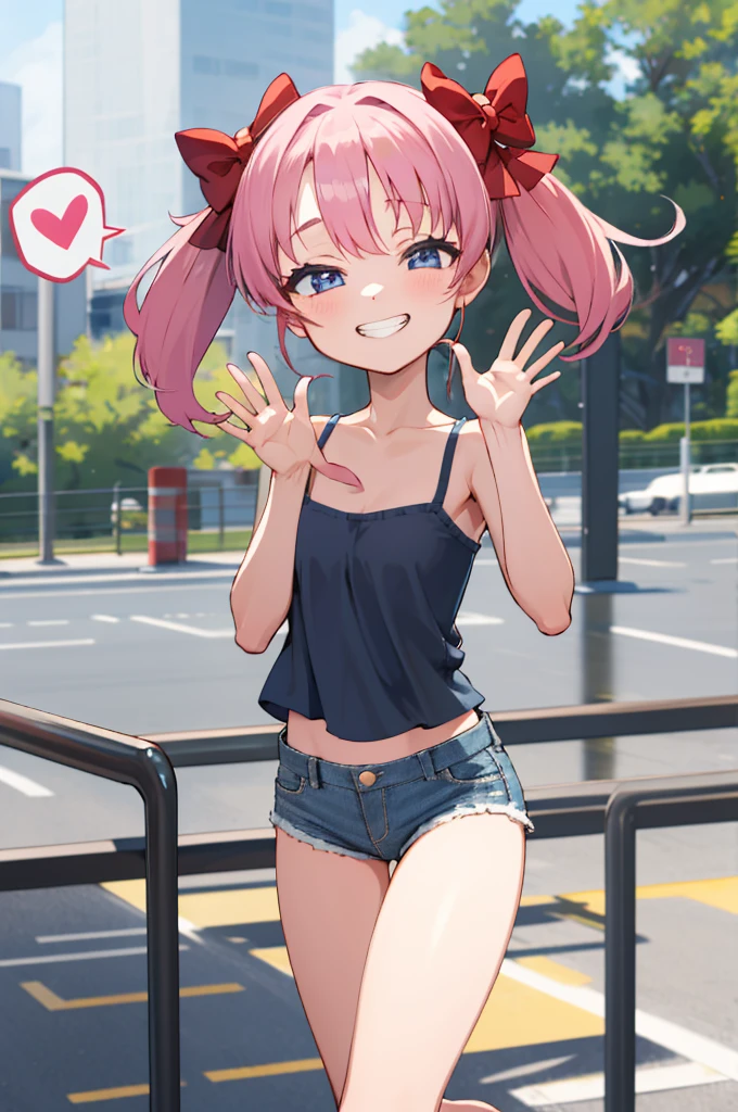 masterpiece, best quality, highres, 1girl, aanodoka, twintails, hair bow, camisole,denim shorts, outdoors, smile, waving,,,,looking viewer,,spoken heart,***,(petite),,thigh,grin,