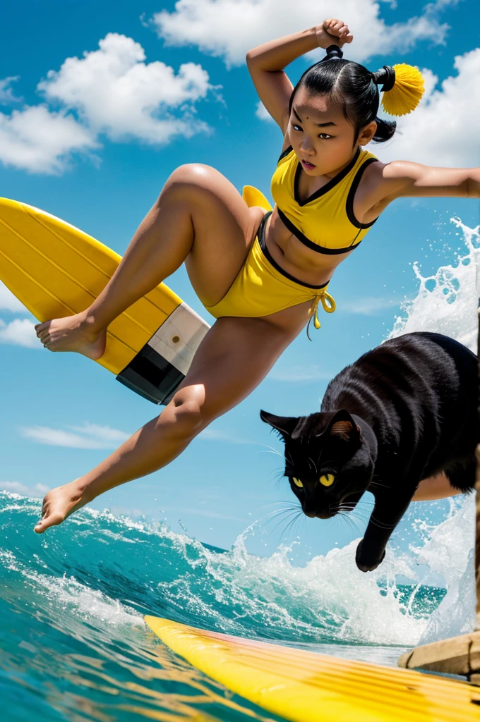 Garu Pucca character with his characteristic hairstyle and serious expression surfing with a green swimsuit shorts and a black cat with yellow eyes on his head