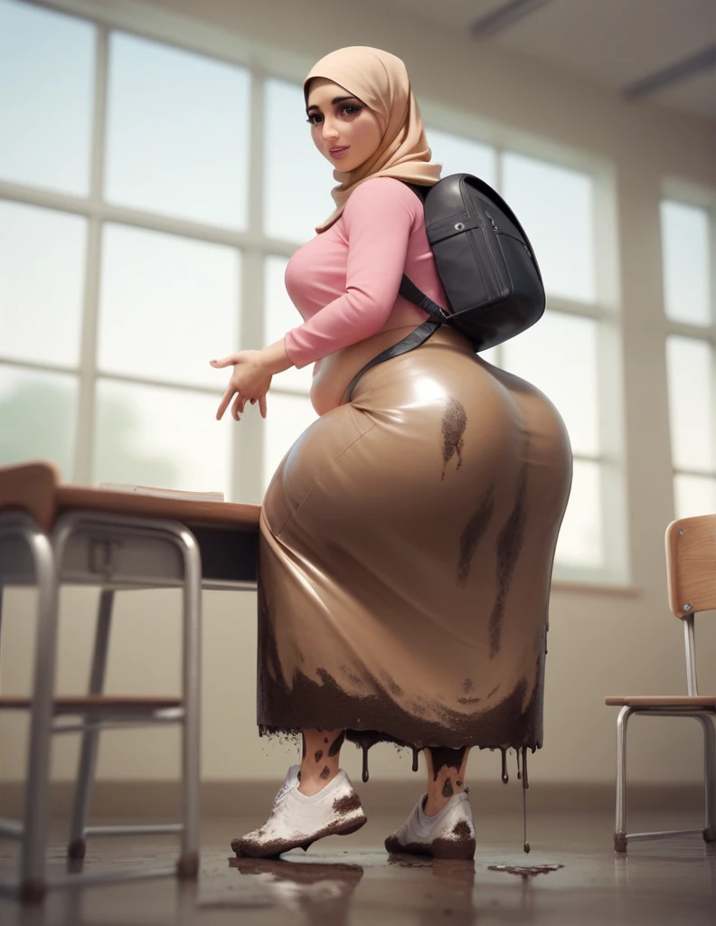 Ultra-realistic, 4k, 1girl, , cute face, pretty face, cute eyes, blue iris, fat body, fat ass, belly fat, beige hijab, long tight beige skirt, tight long sleeve salmon pink shirt, white sneakers, black backpack, crying, both hands on ass, very sweaty, in dirty classroom, near the desk, dirty skirt, dirty chair, dirty clothes, sweaty clothes, (((make the whole image filthy and dirty))), (((mud dripping from long skirt))), stinky atmosphere, filthy atmosphere, mud on long skirt, disgusting long skirt, ((extreme amount of mud on long skirt)),