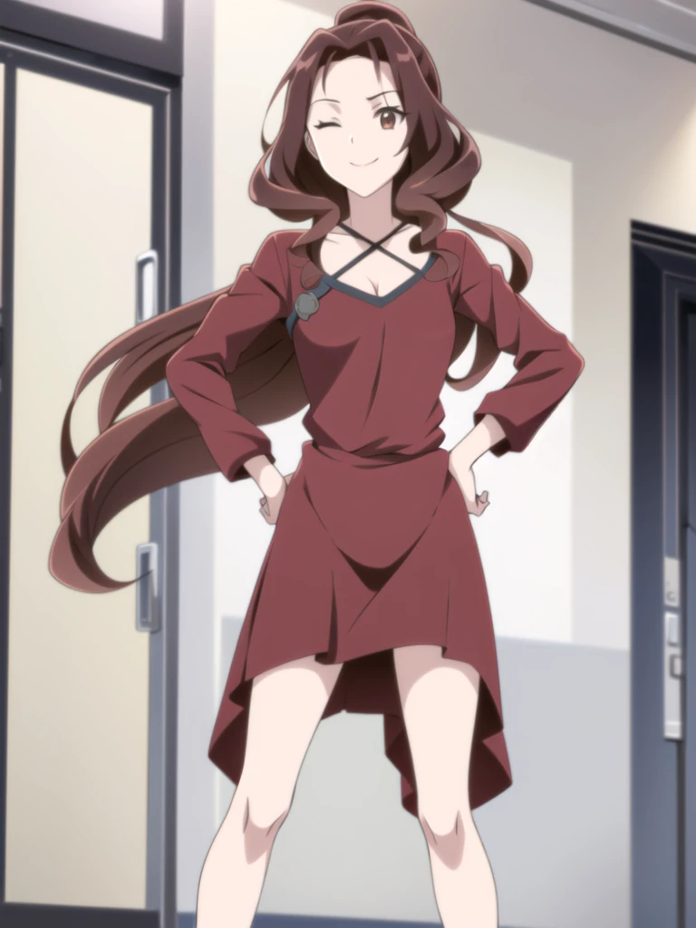 ((Best quality))), ((Ultra-detailed)), ((illustration)), ((Disheveled hair)), ((frilld)), (1 girl), (Solo), 1girl, hand_on_hip, solo, rating:safe, black_footwear, breasts, cleavage, clothes_pull, clothing, dress, dress_lift, dress_pull, eyepatch, female, female_only, flower, long_hair, looking_at_viewer, makaria, motion_blur, one_eye_closed, red_dress, skirt, skirt_lift, skirt_pull, small_breasts, smile, standing, weapon, whip, wink brown hair,brown_eyes,