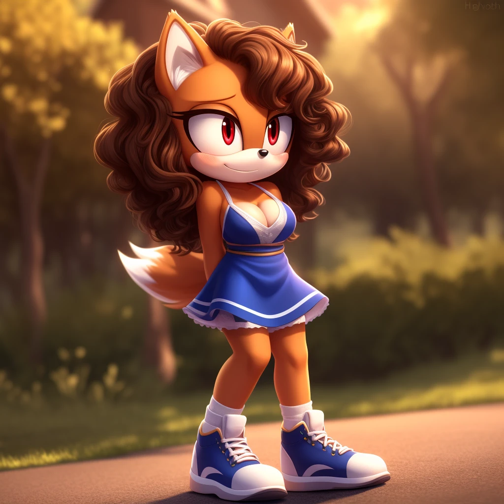 mobian, hedgehog, two-tone fur ((orange fur, brown fur)), sundress, high-top sneakers, cleavage, two-tone hair (brown hair, black tip)), curly hair, halo, sunglasses, jewelry, red eyes, longeyelashes, red eyes, smile, shy, blush, high detail, masterpiece, UHD, anatomically correct, super detail, highres, 4K