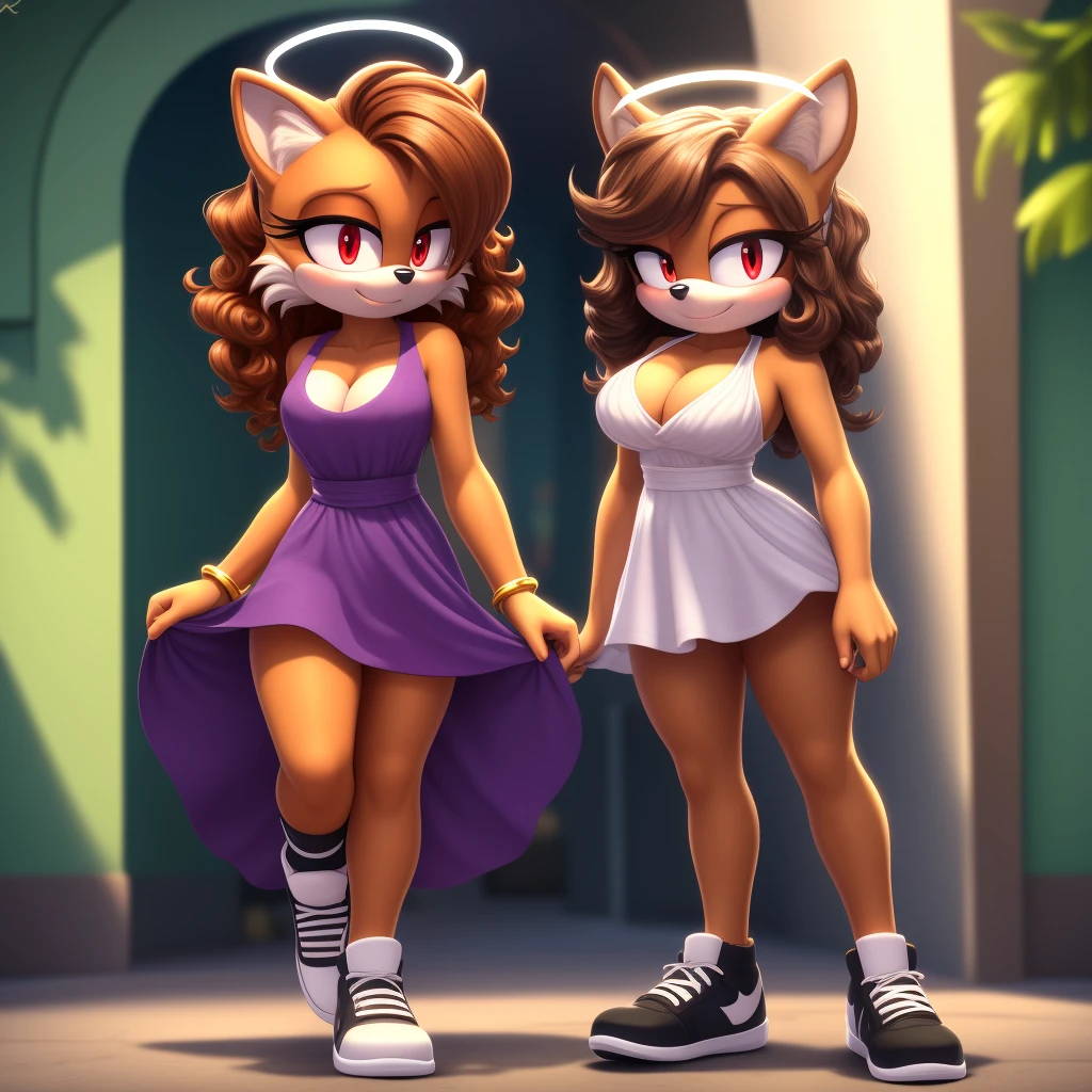 mobian, hedgehog, two-tone fur ((orange fur, brown fur)), sundress, high-top sneakers,  cleavage, two-tone hair (brown hair, black tip)), curly hair, halo, sunglasses, jewelry, red eyes, longeyelashes, red eyes, smile, shy, blush, high detail, masterpiece, UHD, anatomically correct, super detail, highres, 4K