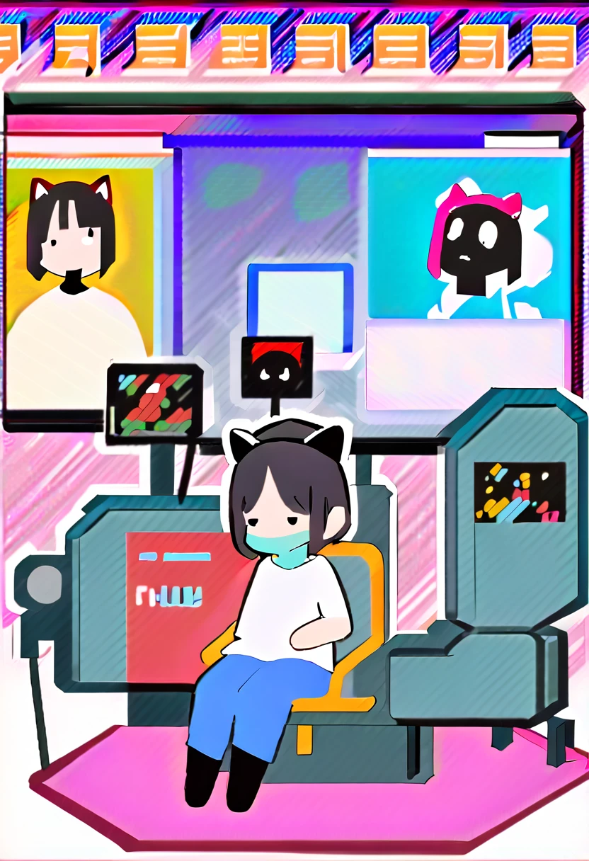 (Thick painting style),Bold line, ((masterpiece,)),(((Highest quality))),(sketch),((Girls in their 20s)),Short black hair,Black cat ears,T-Shirts,jeans,(((Sit on a chair,machine,Character Portrait,Full Art,Large-screen monitor,computer))),Messy machine,
