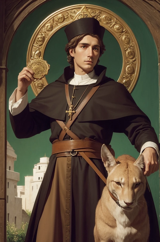 Saint Humberto, German, patron saint of hunters, in bishop's clothes, before a deer with a fiery cross