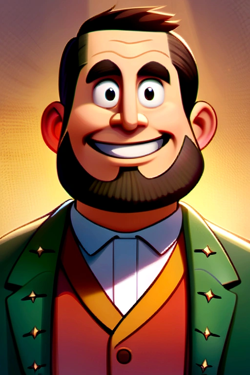 Cartoon style boy, pixar, very short hair with a gradient hairstyle. Brunette with a well-groomed beard. chestnut hair. Grinning 