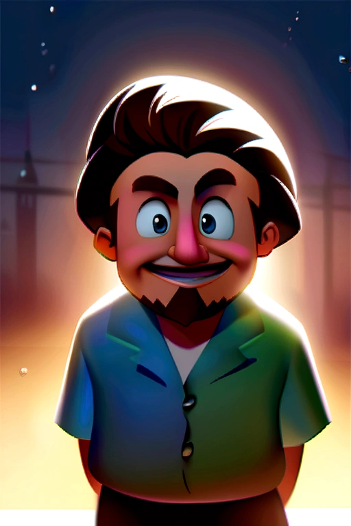 Cartoon style boy, pixar, very short hair with a gradient hairstyle. Brunette with a well-groomed beard. chestnut hair. Grinning 