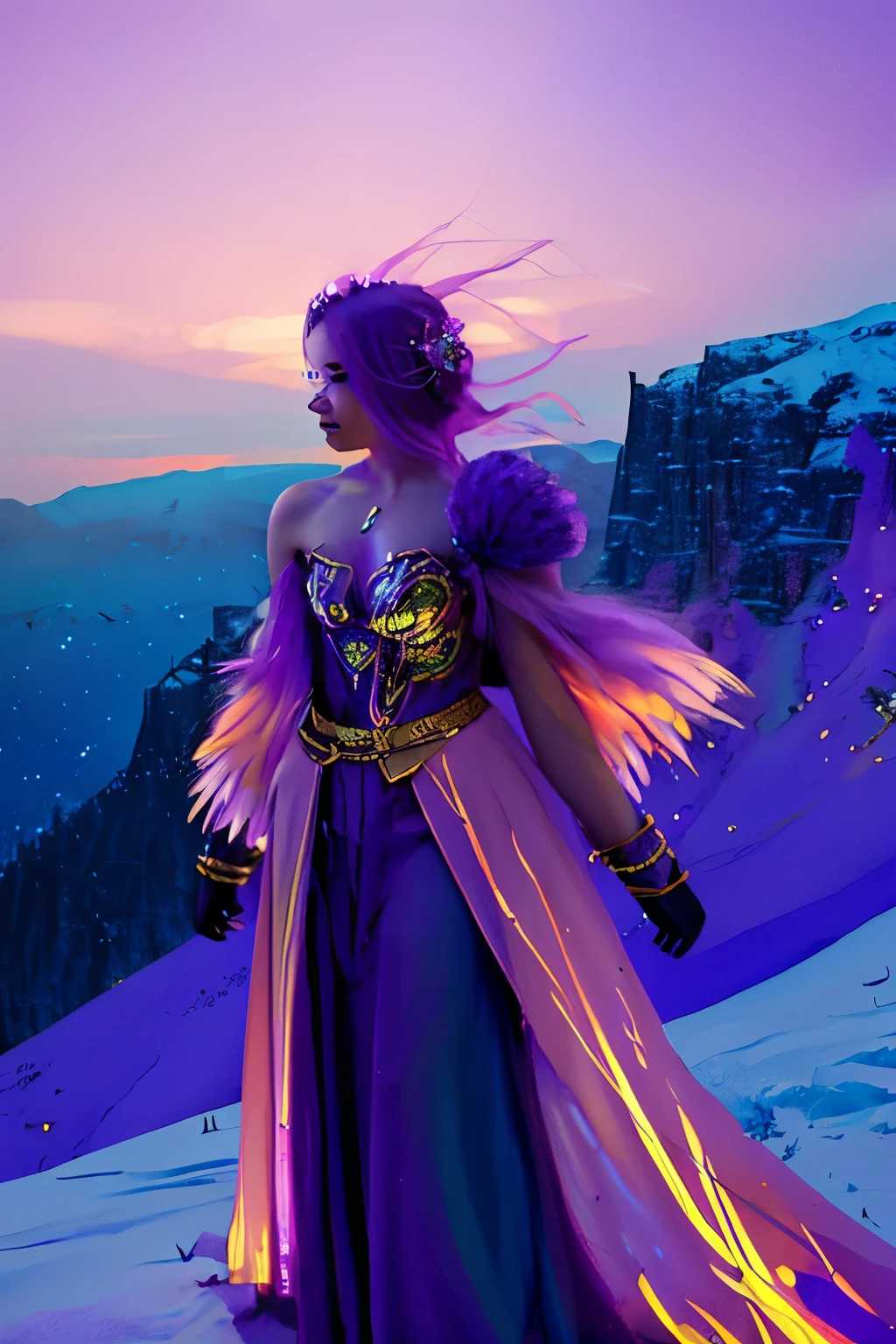make me a fantasy character of a  age 7 with pale pink skin . bright purple feather like hair  shoulder length, purple eyes . she's in a purple oversized wizard  outfit and she has two large purple feathers in her hair . she has a glowing teal gem on her robe . her whole body is shimmery . she's standing on a hill at night with northern lights and moon in sky 